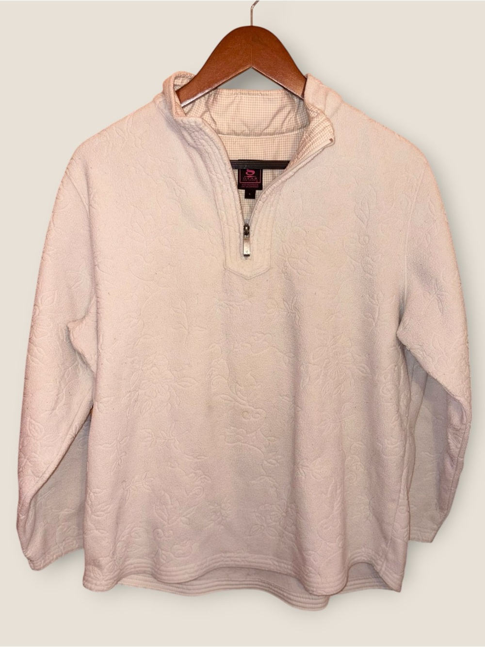 Vintage 90s Cream Floral Embossed Quarter-Zip Fleece Sweater with Gingham Collar